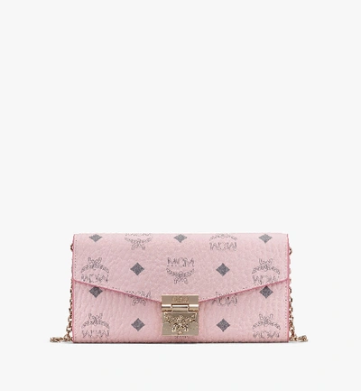Mcm Large Patricia Visetos Canvas Wallet On A Chain In Powder Pink