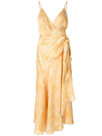 Acler Dana Printed Satin Wrap Dress In Lemon Floral