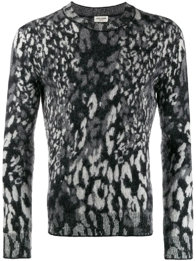 Saint Laurent Slim-fit Leopard-jacquard Wool-blend Jumper In Black White