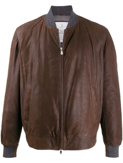 Brunello Cucinelli Contrast-trimmed Bomber Jacket In Brown