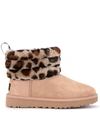 UGG UGG FLUFF MINI QUILTED ANKLE BOOT IN BEIGE SHEEPSKIN AND LEOPARD PRINT COLLAR,11173541