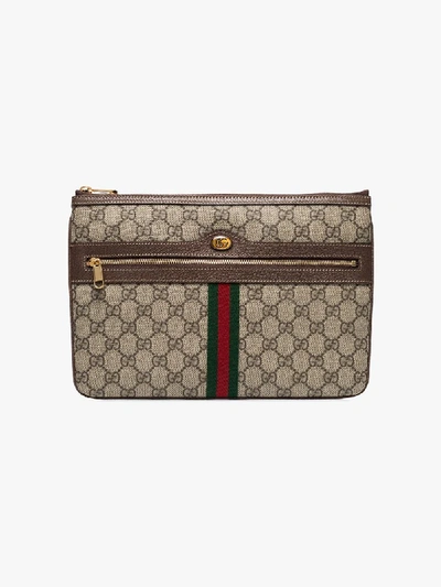 Gucci Brown Ophidia Gg Supreme Leather Pouch In Beige