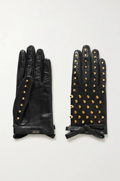 Prada Bow-detailed Studded Leather Gloves In Black