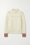 BURBERRY STRIPED CABLE-KNIT CASHMERE TURTLENECK SWEATER