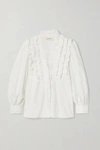 THE GREAT THE TUXEDO RUFFLED GROSGRAIN-TRIMMED CRINKLED COTTON-VOILE BLOUSE