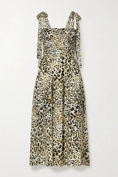 La Ligne Lou Shirred Leopard-print Silk-crepe De Chine Midi Dress In Leopard Print