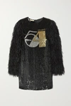 MICHAEL KORS FEATHER-TRIMMED SEQUINED SILK-GEORGETTE MINI DRESS