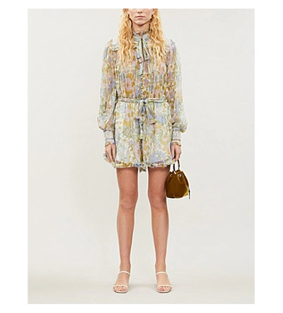 Zimmermann Super Eight Floral-print Embroidered Silk-crepe Playsuit In Blue Meadow