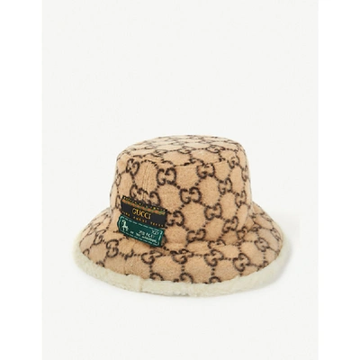 Gucci Logo-intarsia Wool-blend Bucket Hat In Beige