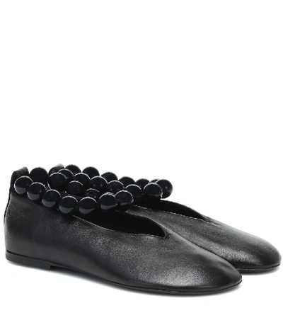 Jil Sander 10毫米串珠踝链皮革芭蕾平底鞋 In Black