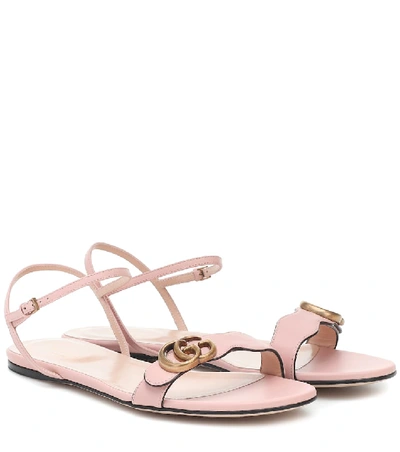 Gucci Marmont Leather Double G Sandals In Gold Tone,pink