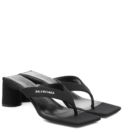 Balenciaga Double Square Block-heel Leather Thong Sandals In Black