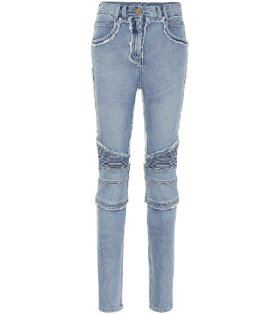 Balmain High Rise Frayed-seam Skinny Jeans In Blue