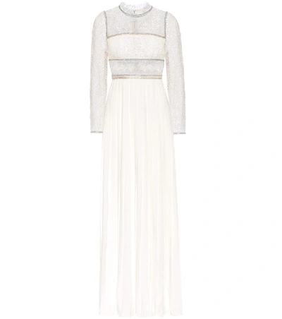 Self-portrait Lace-panelled Pleated-crepe Maxi Dress In White