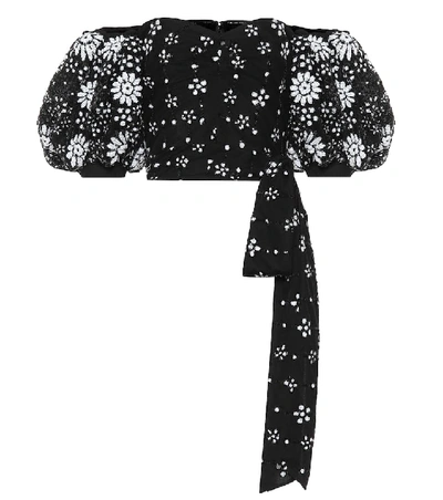 Self-portrait Floral Sequin Puff Sleeve Cropped Top In Black,white