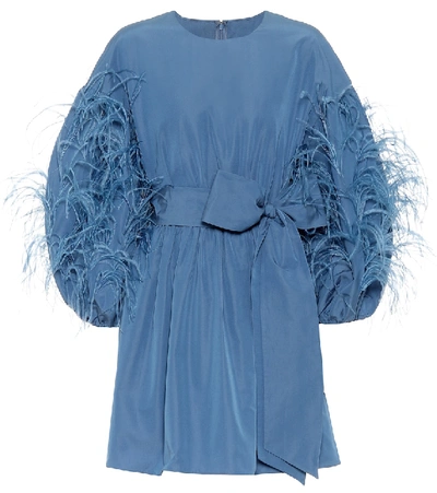 Valentino Feather-embellished Cotton-blend Faille Mini Dress In Blue