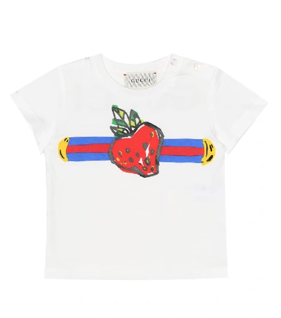 Gucci Baby T-shirt With Web And Strawberry Print In Bianco/multicolor
