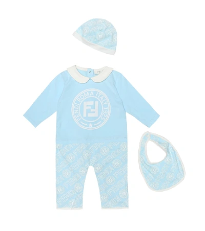 Fendi Babies' 弹力棉质连身短裤、帽子和围兜套装 In Blue