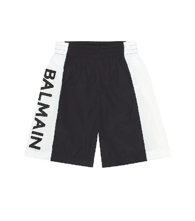 Balmain Kids' Two-tone Logo-sides Swim Shorts In Black/white