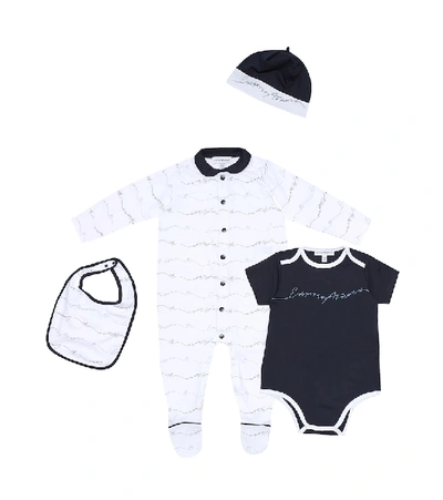 Emporio Armani Baby连体衣、连身短裤、围兜和帽子套装 In Blue