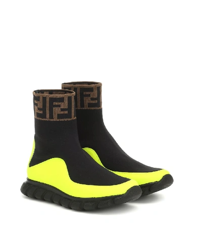 Fendi Kids' Logo提花针织袜式运动鞋 In Nero/giallo Fluo