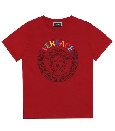 Versace Kids' Logo刺绣纯棉平纹针织t恤 In Red