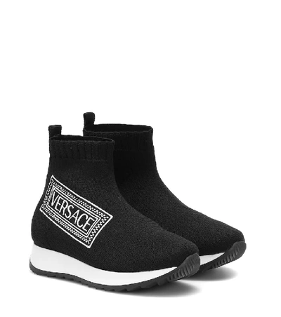 Versace Kids' Logo印花针织袜式运动鞋 In Black/ White
