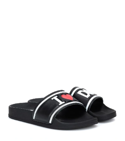 Dolce & Gabbana Kids' Logo Embossed Leather Slide Sandals In Black