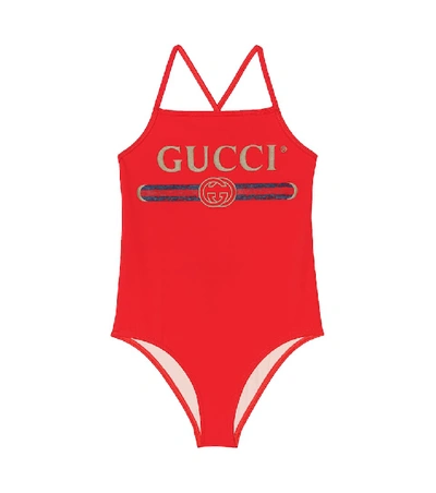 Gucci Kids' Logo印图莱卡连体泳衣 In Red