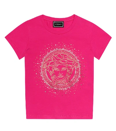 Versace Kids' Short-sleeve T-shirt With Rhinestone Gold Medusa In Pink