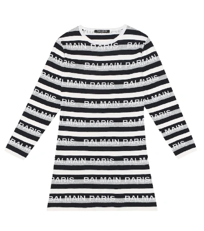 Balmain Kids' Logo Jacquard Cotton Blend Knit Dress In White