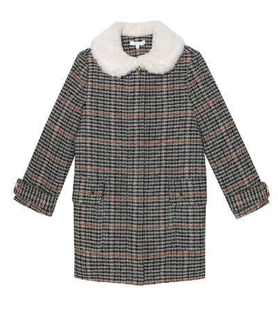 Chloé Kids' Houndstooth Check Long Coat In Grey