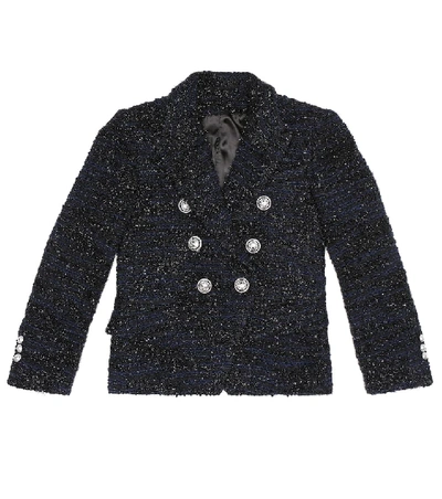 Balmain Kids' Double Breasted Wool Blend Tweed Jacket In Blue