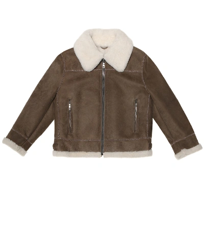 Brunello Cucinelli Kids' Girl's Shearling Zip Front Jacket W/ Monili Trim In Brown
