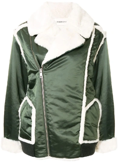 Portspure Sherpa Lined Satin Coat In Green