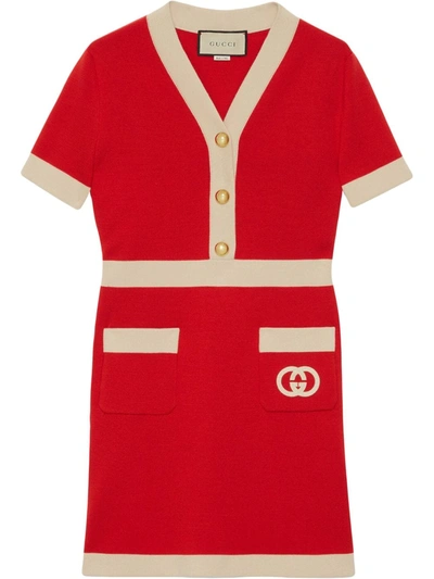 Gucci Wool V-neck Dress With Interlocking G Embroidery In Red