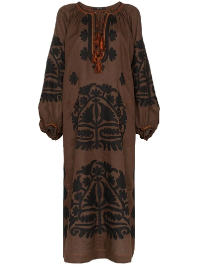 Vita Kin Shalimar Appliquéd Embroidered Linen Midi Dress In Brown