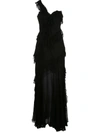 Amur One-shoulder Ruffled Silk Illusion Gown In Black
