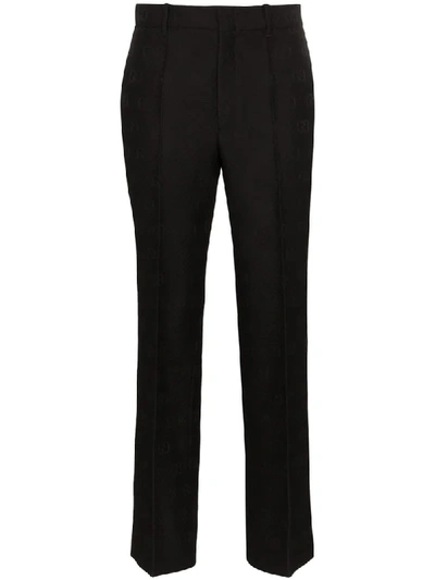 Gucci Gg-embroidered Wool And Silk-blend Slim-fit Trousers In Black