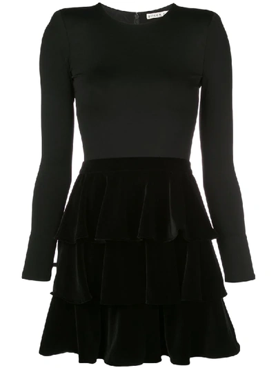 Alice And Olivia Jalen Strong-shoulder Tiered Mini Dress In Black