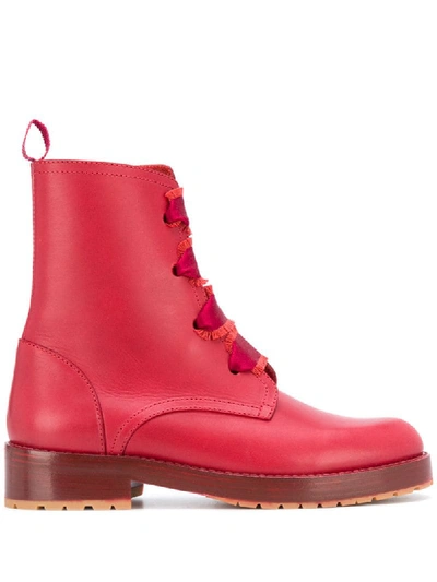 Red Valentino Red(v) Frayed Laces Combat Boots In Red