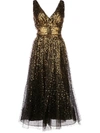 MARCHESA NOTTE SEQUIN EMBROIDERED FLARED DRESS