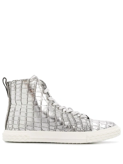 Giuseppe Zanotti Braky Print Argento Metallic Crocodile-embossed Leather High-top Trainers In Silver