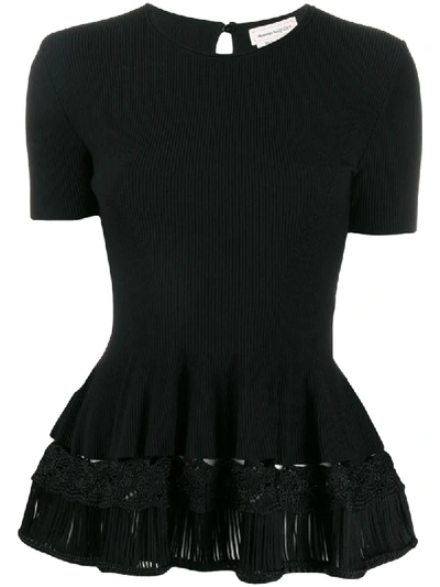 Alexander Mcqueen Peplum Ribbed Knit Top In Black