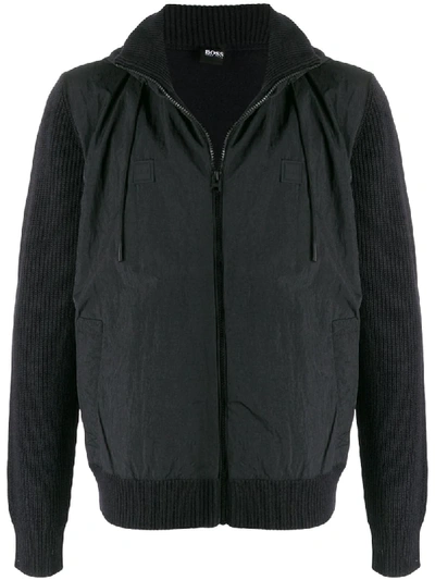 Hugo Boss Ribbed Panel Zip-up Jacket In Black