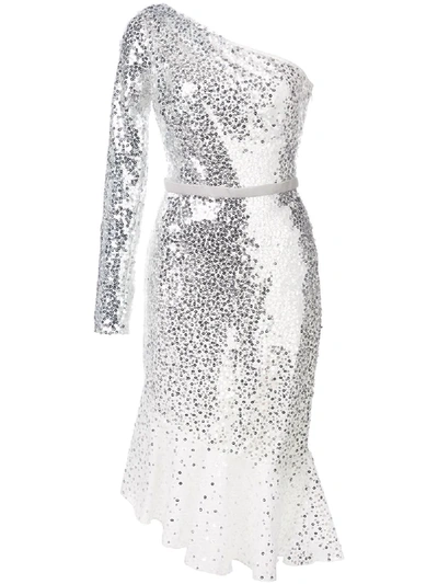 Marchesa Notte Sequin Embroidered One Shouldered Dress In Ivory