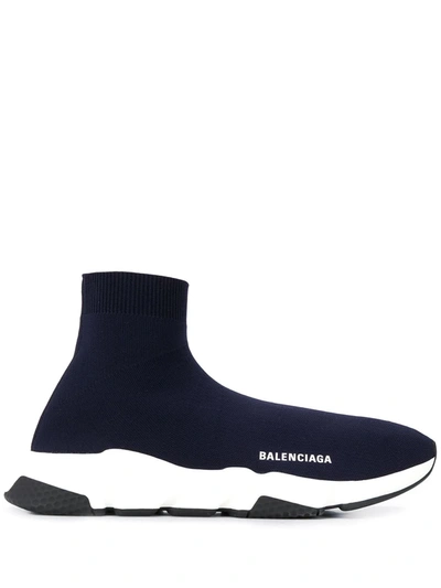 Balenciaga Speed Sock Stretch-knit Slip-on Sneakers In Navy