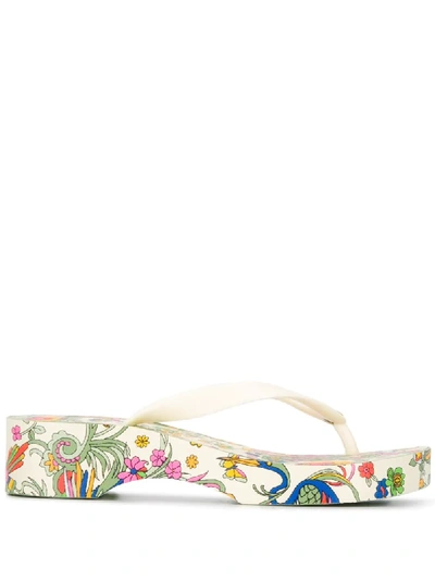 Tory Burch Botanical Print Wedge Flip-flips In White