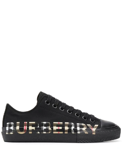 Burberry Vintage Check Logo Print Cotton Gabardine Trainers In Black / Archive Beige