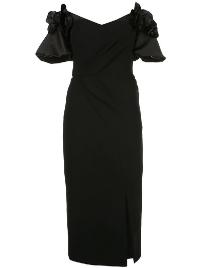 Marchesa Notte Off The Shoulder Midi Dress In Black